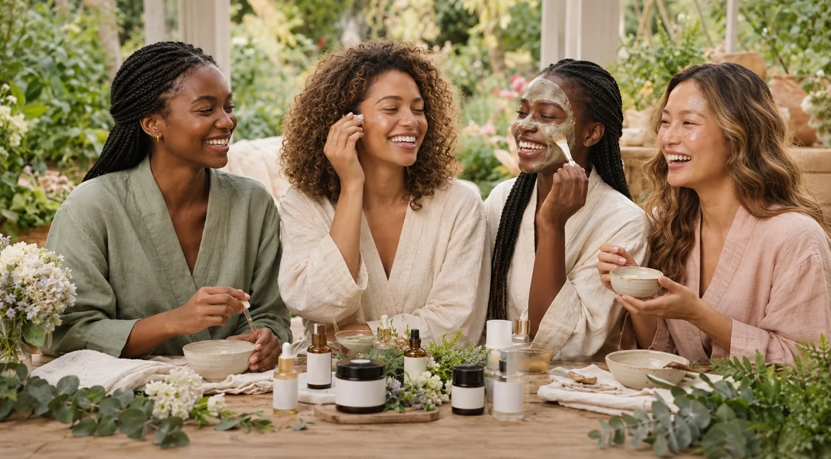 Friends sharing a botanical skincare ritual in a sunlit garden