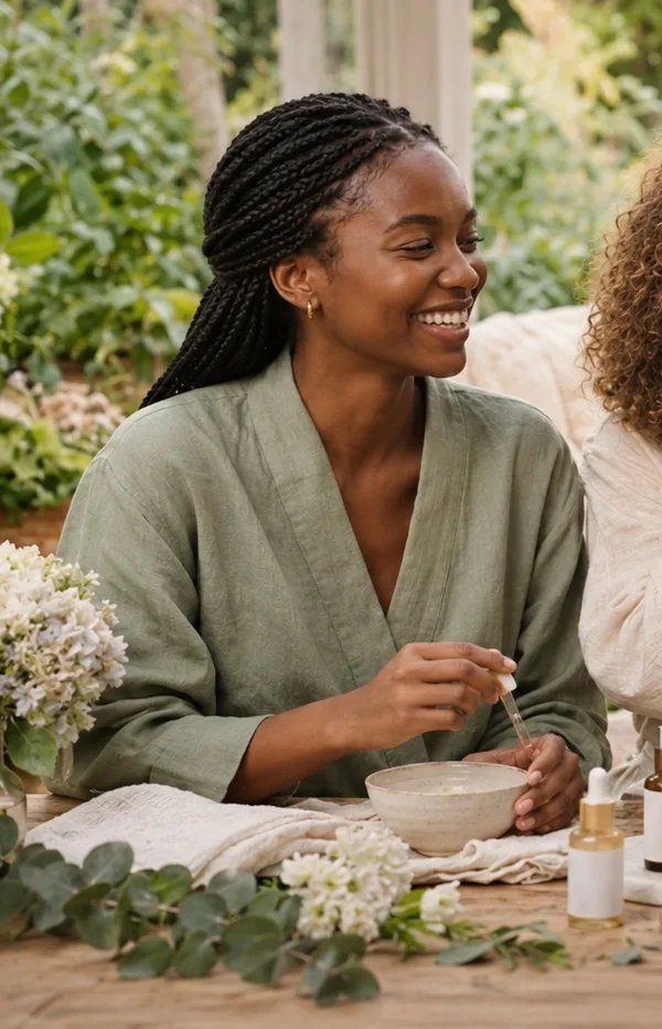 Applying a botanical face mask in a garden