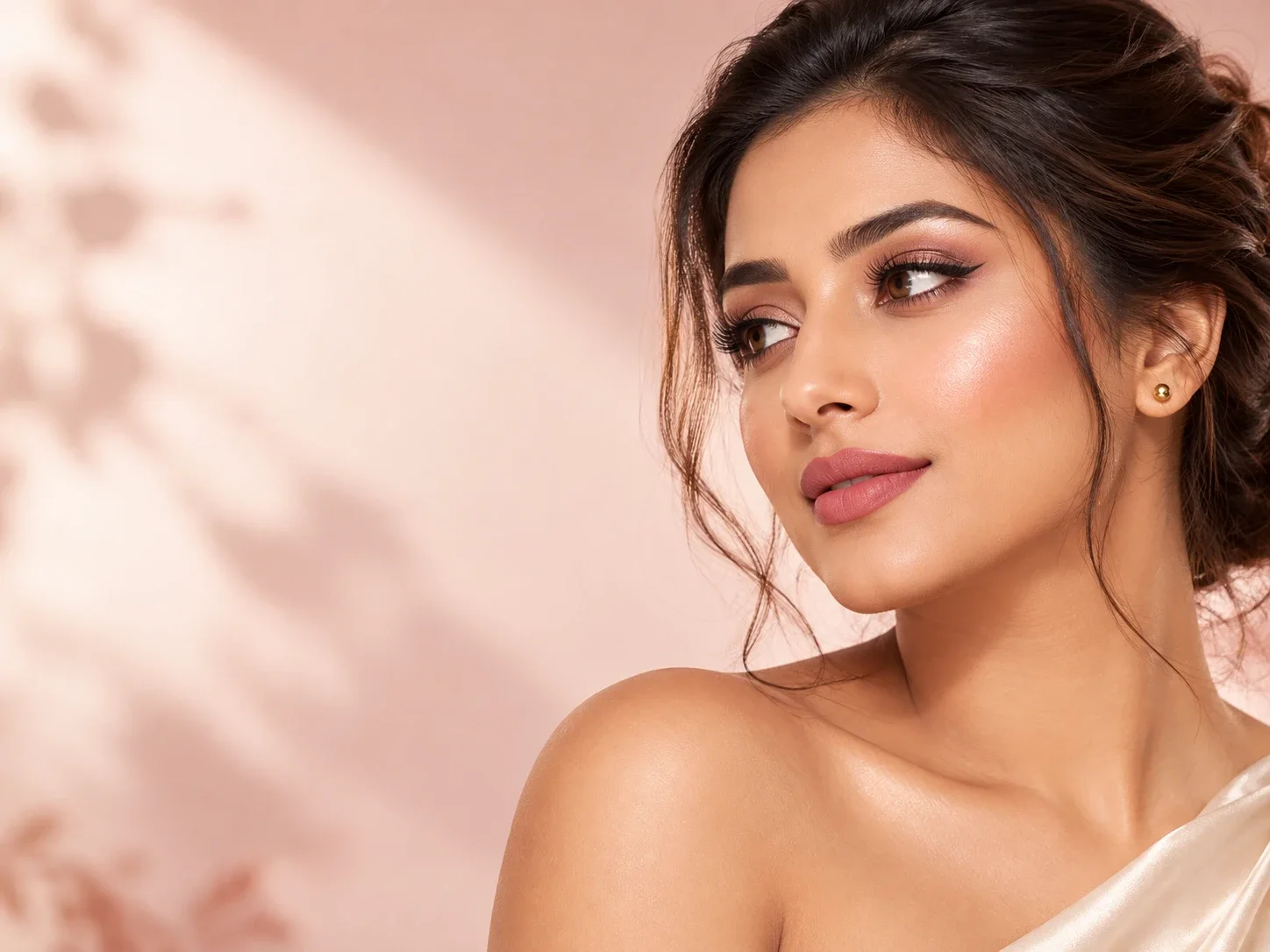 Model wearing The Rose-Gold Glow: Jet Black Liquid Eyeliner, Lash it Out Mascara, Baked Highlighter (Rose gold), Air Matte - Liquid Matte Lipstick, Flawless Femme HD Liquid Foundation